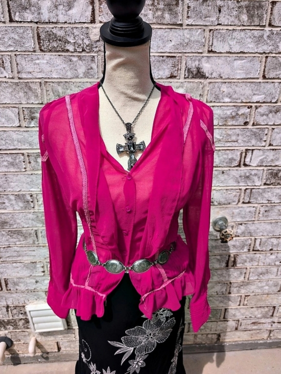 Collection Tops - Y2K vintage hot pink fairy core sheer ruffle blouse